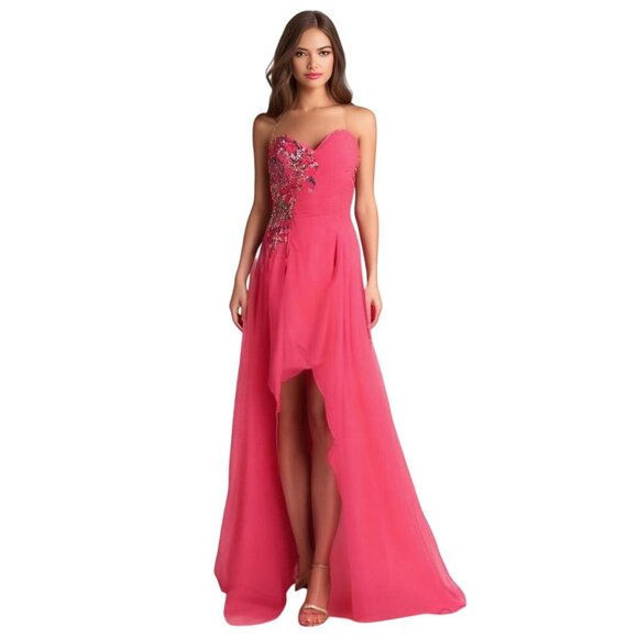Alyce Paris Strapless Hi Low Sweetheart Neck Jeweled Gown Prom Hot Pink Size 6 - Picture 1 of 12